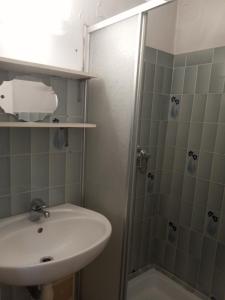 La salle de bains est pourvue d'un lavabo et d'une douche. dans l'établissement Maison Des Pas Enchantés, à Saint-Sébastien-sur-Loire