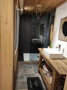 a bathroom with a sink and a bath tub at Appartement Chez Marie et Aymeric in Bages