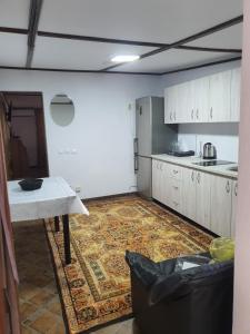 a kitchen with a table and a counter in a room at Hotel Diana in Cahul