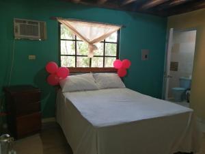 una camera da letto con un letto con palloncini rossi sopra di Rancho paola a Cotuí