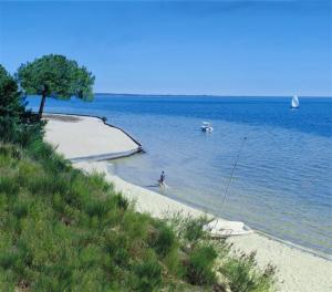 a person standing on a beach in the water at Studio indépendant mios bourg in Mios