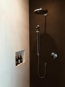 a bathroom with a shower with a shower head at AVLiving City ROOM Basel B&B in Basel