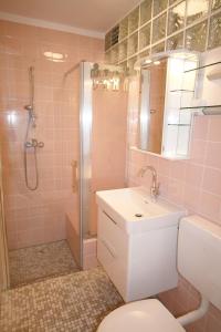 a bathroom with a toilet and a shower and a sink at Ferienhaus Albatrosstr 36 Ostermann Bungalow 2 in Norddeich
