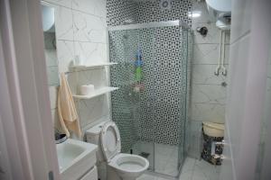 La salle de bains est pourvue d'une douche, de toilettes et d'un lavabo. dans l'établissement ZOJA Apartments #2, à Kavadartsi