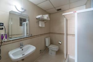 a bathroom with a toilet and a sink and a shower at Şehir Hotel in Antalya