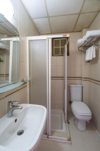 a bathroom with a sink and a toilet and a shower at Şehir Hotel in Antalya