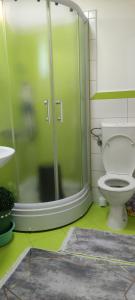 a bathroom with a glass shower and a toilet at Farah House in Sarajevo