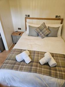 a bed with two pillows on top of it at Woodland Shepherds Hut - 'Saga' in Caernarfon
