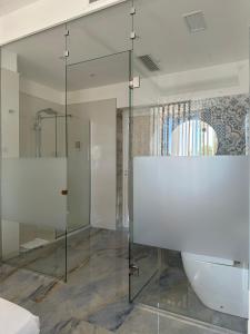 een badkamer met een glazen douche en een toilet bij Jonium Hotel Residence in Pulsano