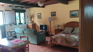 La Casa de la Vieja في Nava: غرفة معيشة مع سرير وأريكة