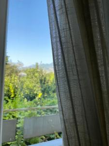 a window curtain with a view of a garden at Guest House Getahovit in Getahovit