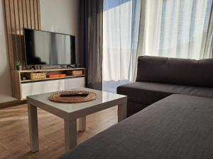 sala de estar con sofá, mesa y TV en Apartman 64 Lux en Veliko Gradište