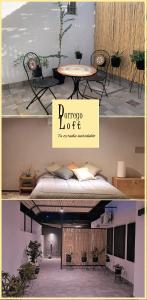 un collage de dos fotos de una mesa y una cama en Dorrego Loft en Barraquero
