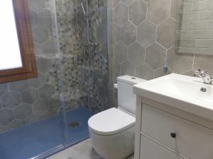 La salle de bains est pourvue d'une douche, de toilettes et d'un lavabo. dans l'établissement Apartamento Ábside de San Juan III, à Estella