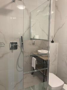 a bathroom with a shower and a toilet and a sink at Pokoje Gościnne PLUS in Ustka +24 photos
