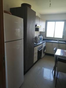 a kitchen with a refrigerator and a table and a window at TAMARIs in Tamaris