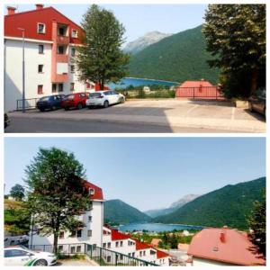 duas fotos de um edifício e um parque de estacionamento em Apartman PAVLE em Plužine