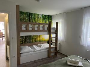 a bedroom with two bunk beds with a painting on the wall at Apartmán - Dolní Morava - "Sedmička" pro 2 až 6 osob in Dolní Morava