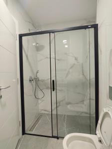 a shower stall in a bathroom with a toilet at Apartman Herc in Trebinje