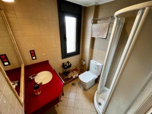 La salle de bains est pourvue de toilettes, d'un lavabo et d'une douche. dans l'établissement Loft Cabañaquinta, à Aller