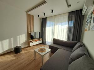 a living room with a couch and a tv at Apartman 64 Lux in Veliko Gradište