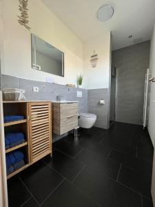 een badkamer met een toilet en een wastafel met een spiegel bij Ferienwohnung Pätschow in Groß Polzin