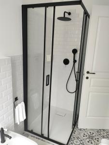 a shower with a glass door in a bathroom at AGRITURISMO TERRAPIA in Moscufo