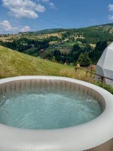 a circular hot tub with a view of a hill at WildGlampingArieseni in Arieşeni