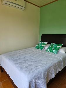 1 dormitorio con 1 cama blanca y 2 almohadas verdes en Volcano View Apartment en Fortuna