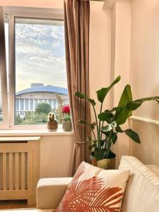 uma sala de estar com uma janela e uma planta em Serendipity I Sala Palatului em Bucareste
