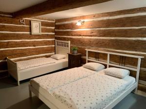 2 Betten in einem Zimmer mit Holzwänden in der Unterkunft Bezva relax Bezděz in Luka
