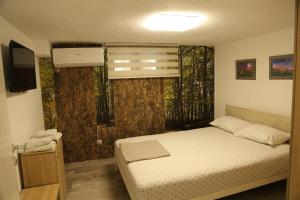 ein kleines Schlafzimmer mit einem Bett und einem Fenster in der Unterkunft Ema Artistic House in Plewen