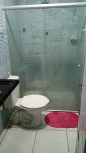uma casa de banho com um WC e uma cabina de duche em vidro. em Linda Casa Itamaracá em Jaguaribe