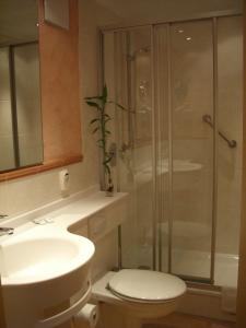 a bathroom with a shower and a toilet and a sink at Hotel Stadt Suhl in Zella-Mehlis