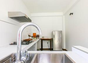 La cuisine est équipée d'un évier et d'un réfrigérateur en acier inoxydable. dans l'établissement Once in Ella, à Ella