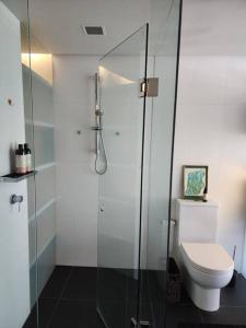 W łazience znajduje się toaleta i przeszklony prysznic. w obiekcie GREEN ROSE ~ Peaceful • Green • Haven w mieście Canberra
