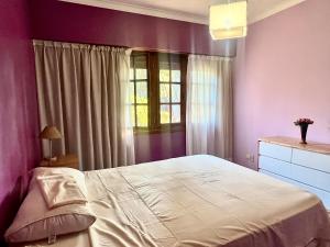 1 dormitorio con paredes moradas y 1 cama con ventana en Casa Kime en Tortuguitas