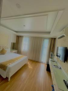 下龍灣的住宿－Bài Thơ Mountain Hotel，一间卧室配有一张床和一台电视