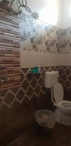 a bathroom with a toilet and a light on the wall at Tebaar Backpackers in Rishīkesh +22 photos