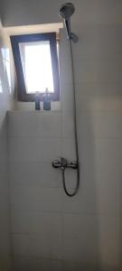 a shower in a bathroom with a window at AG Studio Apartment in Gabčíkovo in Gabčíkovo