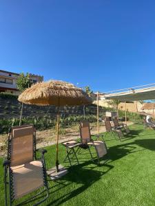 un groupe de chaises et un parasol sur l'herbe dans l'établissement Castillo-Palacio de Bulbuente, à Bulbuente