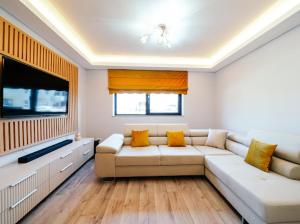 a living room with a couch and a flat screen tv at RAINFOREST APARTAMENT in Ghimbav