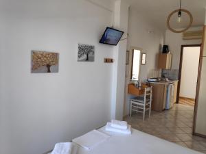 um quarto com uma cozinha e uma sala de estar em Villa Dora Studios em Batsi