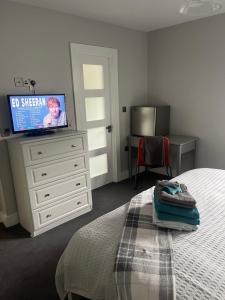 a bedroom with a bed and a flat screen tv at 4 The Archways in Carrick on Shannon