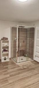 a room with a glass shower with a wooden floor at La Mocina casa vacanze in Castellaro