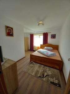 een slaapkamer met een bed en een tapijt op de vloer bij CASA LAVINIA CRASNA GORJ in Crasna