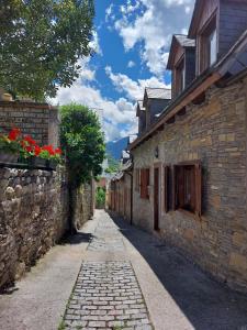 an alley in an old stone building with flowers at Acogedor dúplex en el Valle de Aran in Caneján