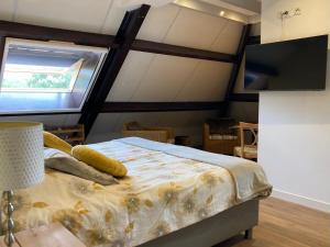 een slaapkamer met een bed, een raam en een televisie bij B&B Stations Koffiehuis in Molkwerum