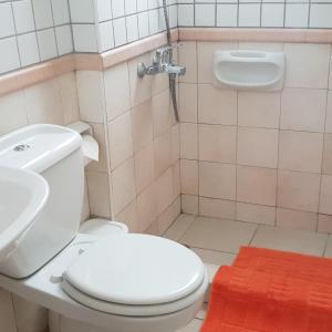 La salle de bains est pourvue de toilettes et d'un lavabo. dans l'établissement Beach Shack, à Klorakas