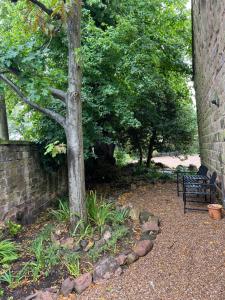 a tree and a bench next to a brick wall at The Coach House Harthill in Harthill